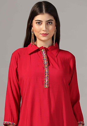 Hand Embroidered Crepe Tunic Set in Red