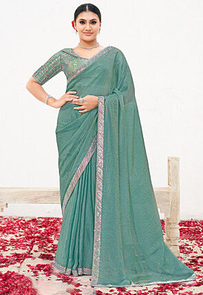 Hand Embroidered Satin Silk Saree in Sea Green