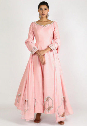 Hand Embroidered Dupion Silk Abaya Style Suit in Pink