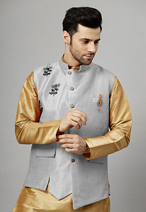 Hand Embroidered Dupion Silk Asymmetric Nehru Jacket in Grey