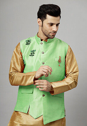Hand Embroidered Dupion Silk Asymmetric Nehru Jacket in Light Green