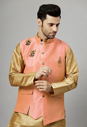 Hand Embroidered Dupion Silk Asymmetric Nehru Jacket in Peach