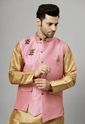 Hand Embroidered Dupion Silk Asymmetric Nehru Jacket in Pink