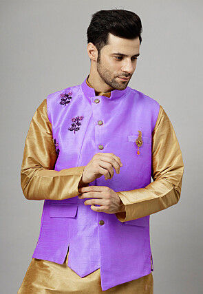 Hand Embroidered Dupion Silk Asymmetric Nehru Jacket in Purple