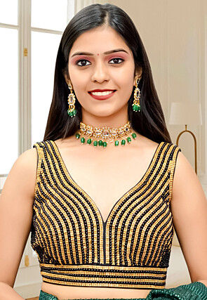 Hand Embroidered Dupion Silk Blouse in Black and Golden