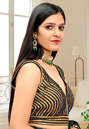 Hand Embroidered Dupion Silk Blouse in Black and Golden