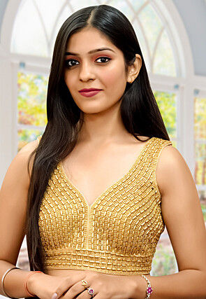 Hand Embroidered Dupion Silk Blouse in Golden