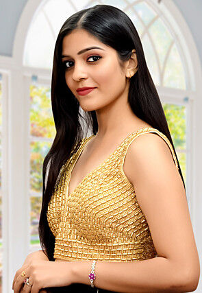 Hand Embroidered Dupion Silk Blouse in Golden