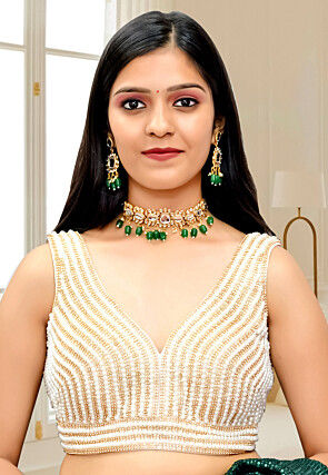Hand Embroidered Dupion Silk Blouse in White and Golden
