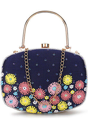 Hand Embroidered Dupion Silk Clutch Bag in Navy Blue