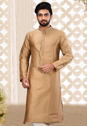 Hand Embroidered Dupion Silk Kurta in Beige