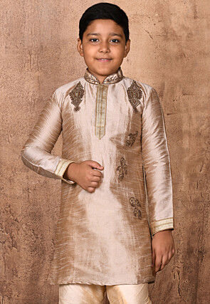 Hand Embroidered Dupion Silk Kurta in Beige