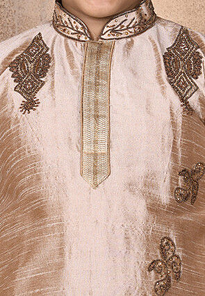 Hand Embroidered Dupion Silk Kurta in Beige
