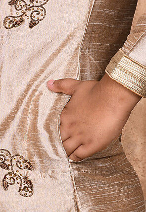 Hand Embroidered Dupion Silk Kurta in Beige