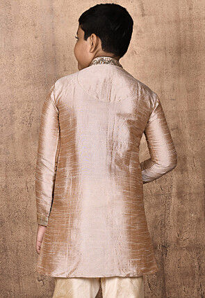 Hand Embroidered Dupion Silk Kurta in Beige