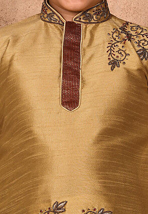 Hand Embroidered Dupion Silk Kurta in Beige
