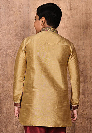 Hand Embroidered Dupion Silk Kurta in Beige