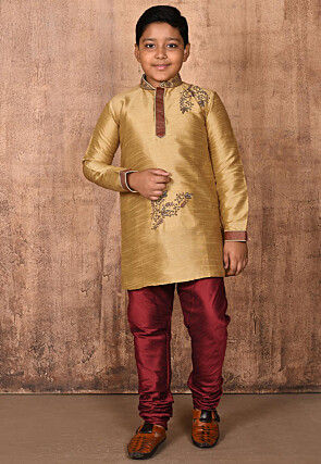 Hand Embroidered Dupion Silk Kurta in Beige