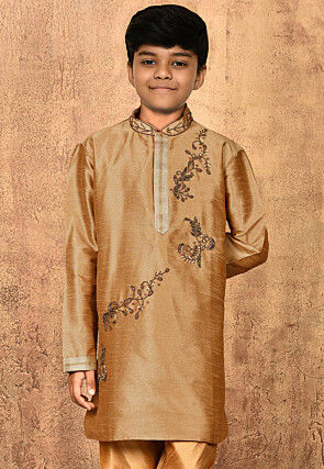 Hand Embroidered Dupion Silk Kurta in Beige