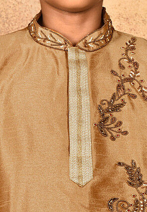 Hand Embroidered Dupion Silk Kurta in Beige