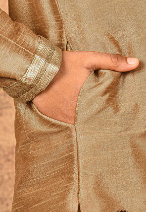 Hand Embroidered Dupion Silk Kurta in Beige