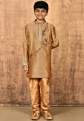 Hand Embroidered Dupion Silk Kurta in Beige