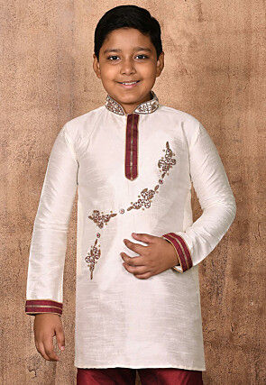 Hand Embroidered Dupion Silk Kurta in Cream