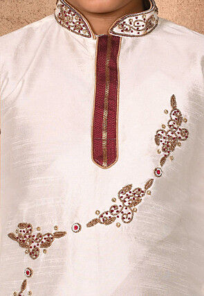 Hand Embroidered Dupion Silk Kurta in Cream