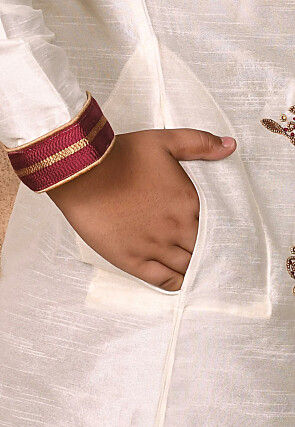 Hand Embroidered Dupion Silk Kurta in Cream