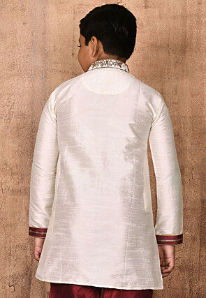 Hand Embroidered Dupion Silk Kurta in Cream