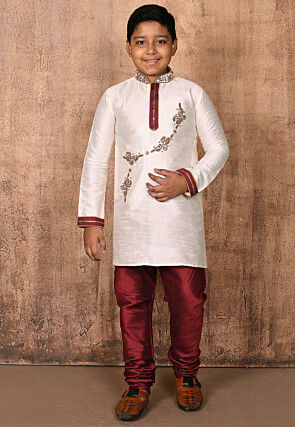 Hand Embroidered Dupion Silk Kurta in Cream