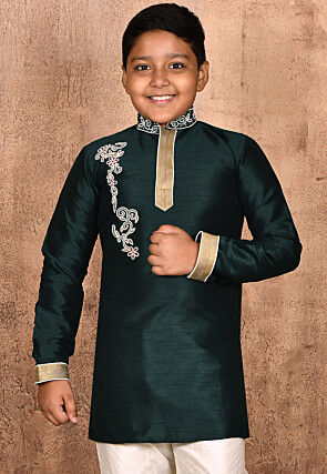 Hand Embroidered Dupion Silk Kurta in Dark Green