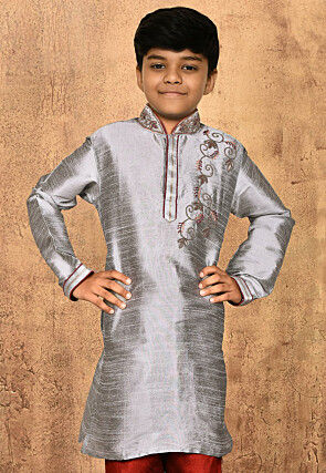 Hand Embroidered Dupion Silk Kurta in Grey