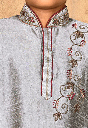 Hand Embroidered Dupion Silk Kurta in Grey