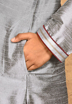 Hand Embroidered Dupion Silk Kurta in Grey