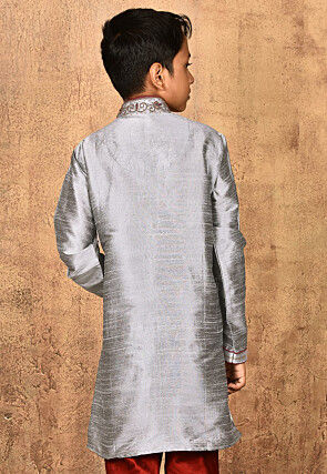 Hand Embroidered Dupion Silk Kurta in Grey