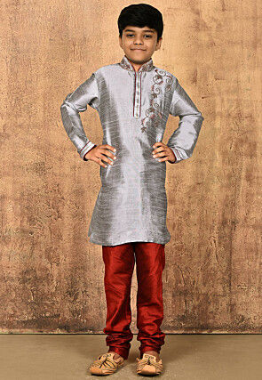Hand Embroidered Dupion Silk Kurta in Grey