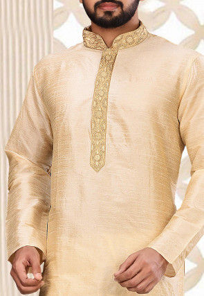 Hand Embroidered Dupion Silk Kurta in Light Beige
