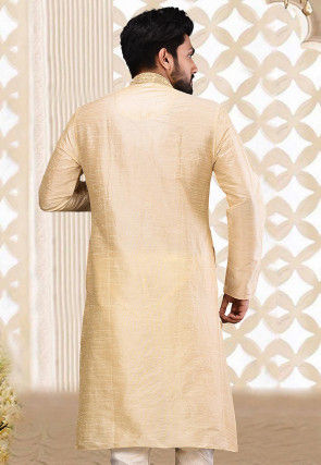 Hand Embroidered Dupion Silk Kurta in Light Beige