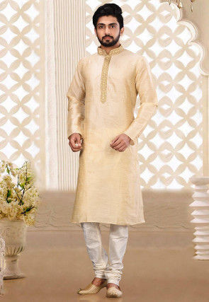 Hand Embroidered Dupion Silk Kurta in Light Beige