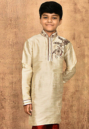 Hand Embroidered Dupion Silk Kurta in Light Beige