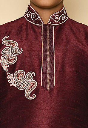 Hand Embroidered Dupion Silk Kurta in Maroon