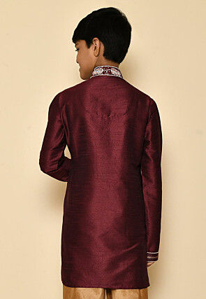 Hand Embroidered Dupion Silk Kurta in Maroon