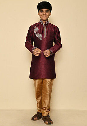 Hand Embroidered Dupion Silk Kurta in Maroon