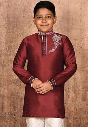 Hand Embroidered Dupion Silk Kurta in Maroon