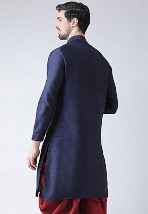Hand Embroidered Dupion Silk Kurta in Navy Blue