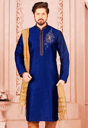 Hand Embroidered Dupion Silk Kurta in Royal Blue
