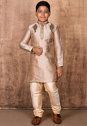 Hand Embroidered Dupion Silk Kurta Set in Beige