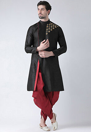 Hand Embroidered Dupion Silk Kurta Set in Black