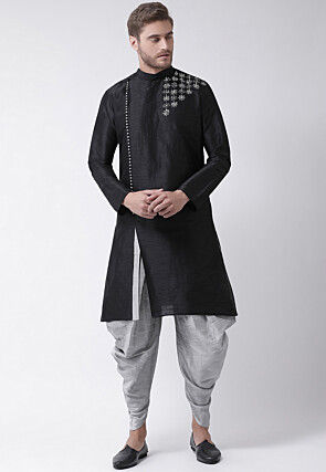 Hand Embroidered Dupion Silk Kurta Set in Black